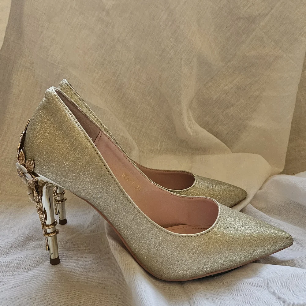 Gold Embellished Women's Evening Heels - Picture 4 of 7